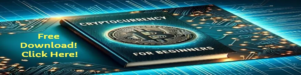 Banner featuring a book titled 'CRYPTOCURRENCY FOR BEGINNERS' with a Bitcoin symbol, promoting a free crypto course download.
