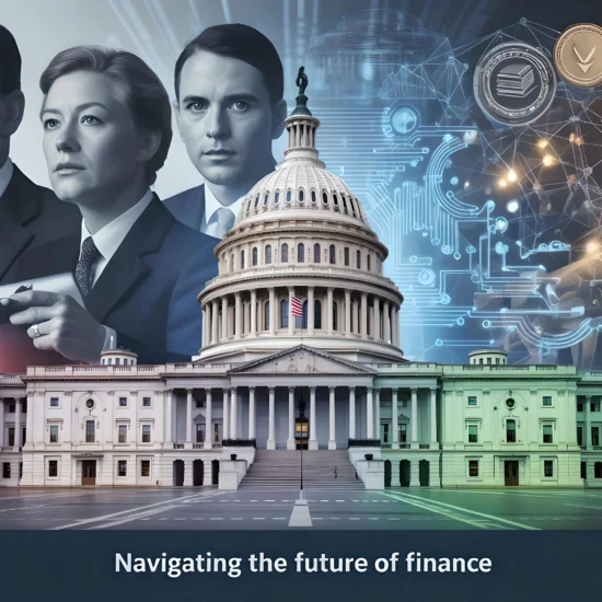 Illustration of U.S. crypto regulation showing Capitol building, stablecoins, blockchain network, and regulatory agencies