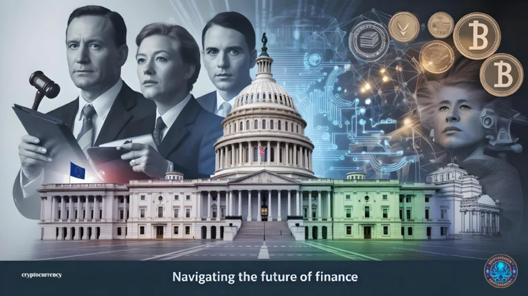 Illustration of U.S. crypto regulation showing Capitol building, stablecoins, blockchain network, and regulatory agencies