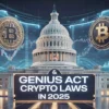 Futuristic depiction of the U.S. Capitol with Bitcoin symbols and stock charts, highlighting U.S. stablecoin regulation under the Genius Act in 2025.