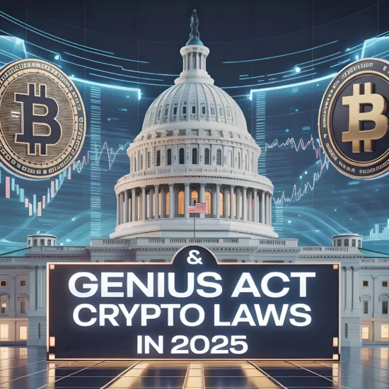 Futuristic depiction of the U.S. Capitol with Bitcoin symbols and stock charts, highlighting U.S. stablecoin regulation under the Genius Act in 2025.