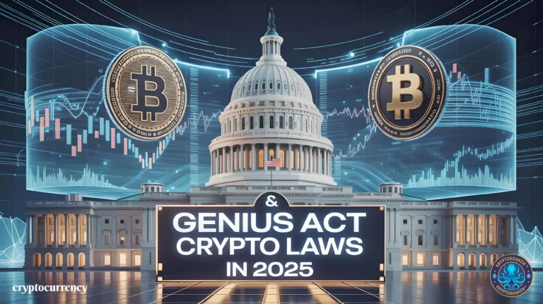 Futuristic depiction of the U.S. Capitol with Bitcoin symbols and stock charts, highlighting U.S. stablecoin regulation under the Genius Act in 2025.