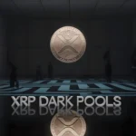 Abstract image of an XRP Dark Pool concept with shadowy figures and a central XRP coin in a dark, reflective room.