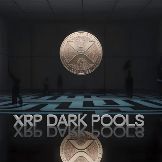 Abstract image of an XRP Dark Pool concept with shadowy figures and a central XRP coin in a dark, reflective room.