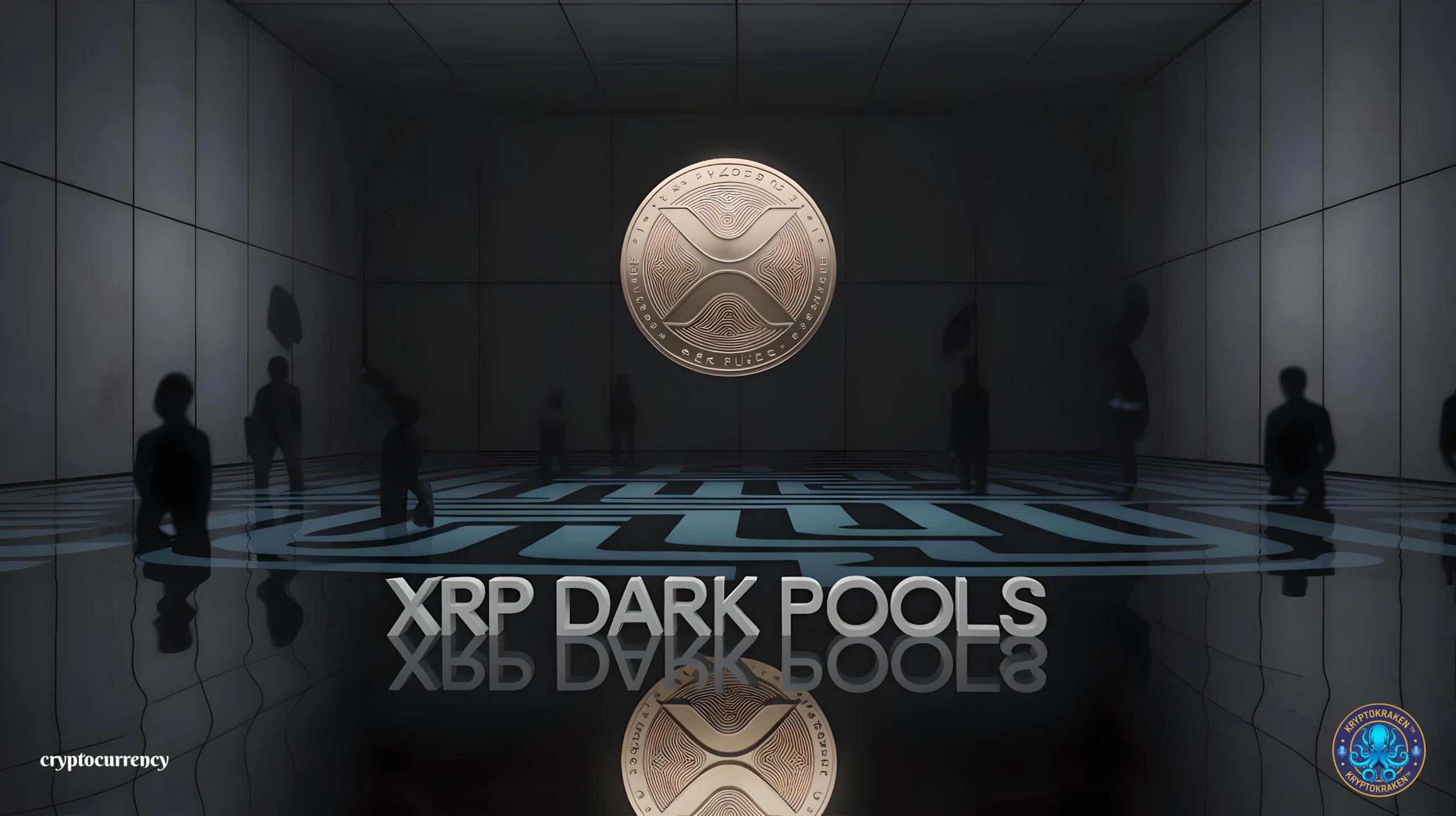 Abstract image of an XRP Dark Pool concept with shadowy figures and a central XRP coin in a dark, reflective room.