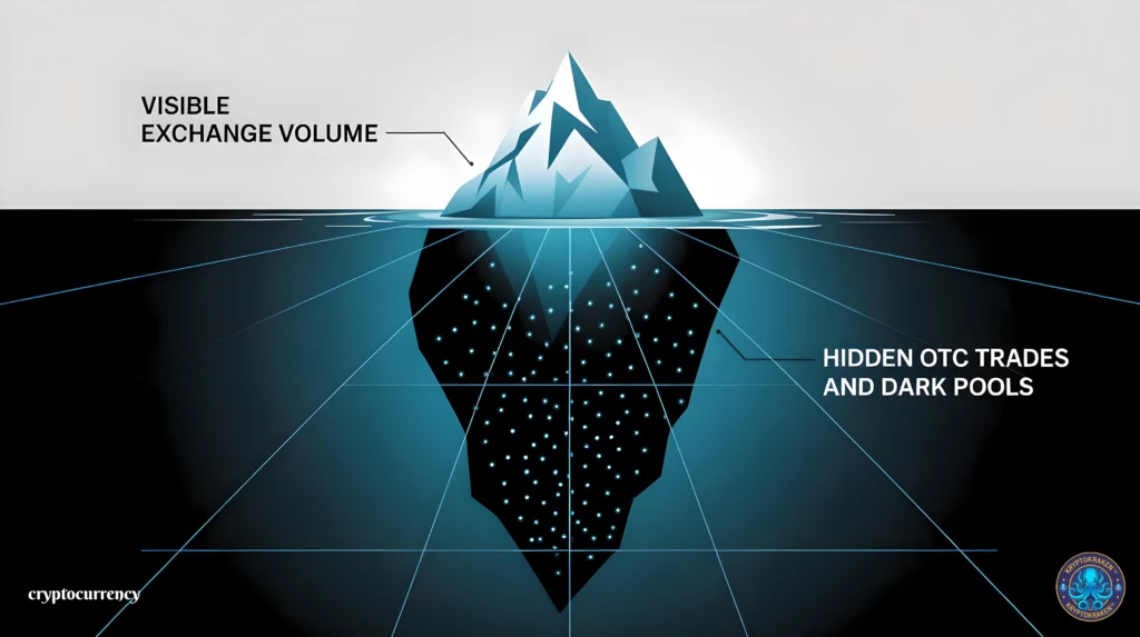 Iceberg diagram showing visible exchange volume above water and hidden dark pool trades and OTC trades below.