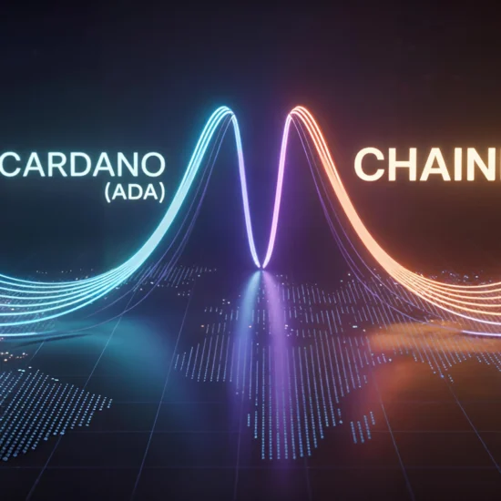 Cardano Chainlink integration illustrated by neon blue ADA and orange LINK data waves converging over a dotted world map grid.