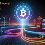 Futuristic illustration of bitcoin mining powered by renewable energy, featuring wind turbines, solar panels and glowing data streams feeding a large Bitcoin symbol in a virtual power-plant grid.