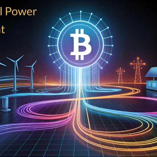 Futuristic illustration of bitcoin mining powered by renewable energy, featuring wind turbines, solar panels and glowing data streams feeding a large Bitcoin symbol in a virtual power-plant grid.