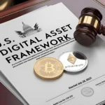A legal document titled “U.S. Digital Asset Framework” with Bitcoin and Ethereum coins and a judge’s gavel, representing how new US crypto laws affect investors.