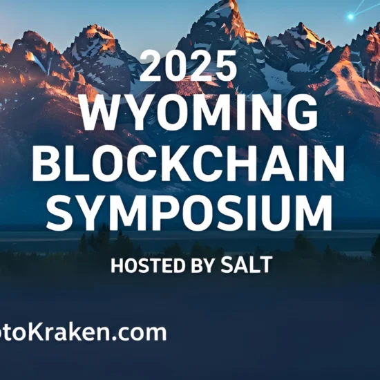 Banner for the 2025 Wyoming Blockchain Symposium hosted by SALT, featuring a mountain backdrop and digital network graphics