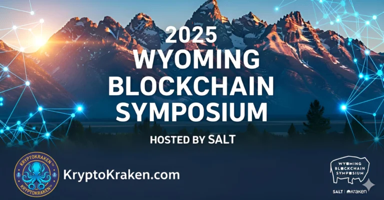 Banner for the 2025 Wyoming Blockchain Symposium hosted by SALT, featuring a mountain backdrop and digital network graphics