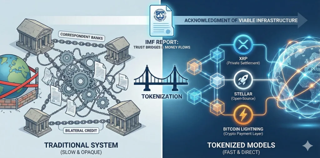 Infographic comparing the traditional banking system (slow & opaque) with tokenized models (fast & direct) based on the IMF 'Trust Bridges & Money Flows' report. It visualizes XRP, Stellar, and Bitcoin Lightning as viable infrastructure alternatives to complex correspondent banking chains.