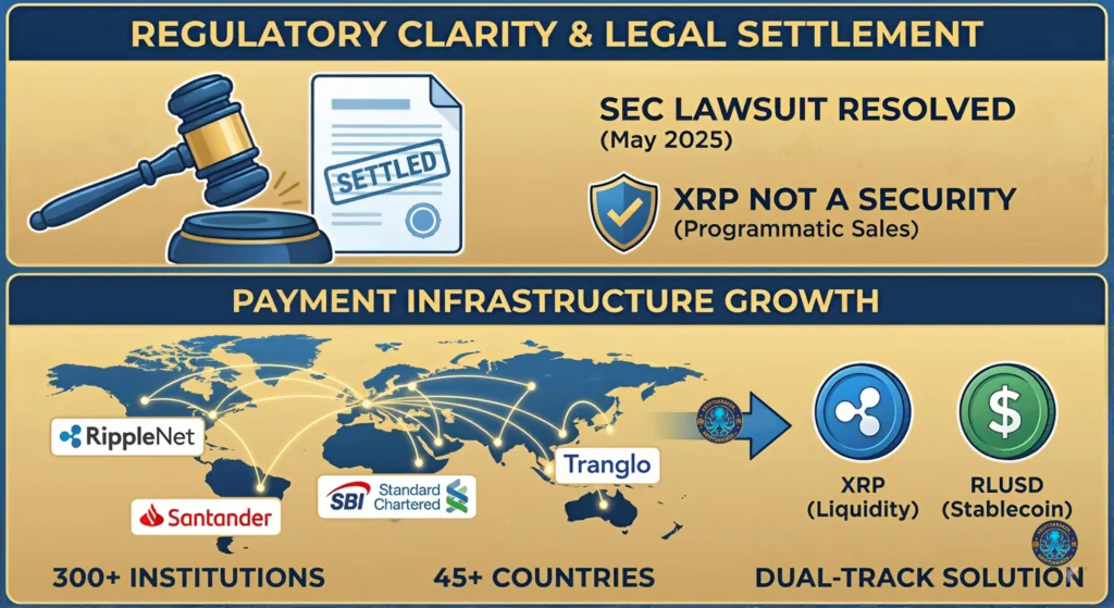 Infographic illustrating the resolution of the SEC lawsuit in May 2025, declaring XRP not a security in programmatic sales. The bottom panel shows RippleNet's global expansion to 300+ institutions across 45+ countries, listing partners like Santander, SBI, and Tranglo, and highlighting the dual-track solution with XRP for liquidity and RLUSD for stablecoin payments.